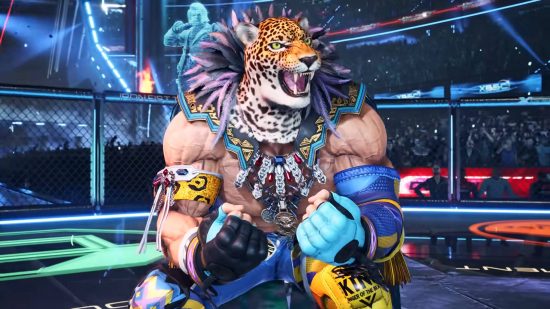 Tekken 8 tier list: King is celebrating his win by flexing his big muscles. He is wearing a leopard mask and has elaborate ring gear.