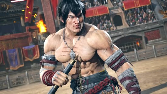 Tekken 8 tier list: Law stands in the middle of a colosseum, with a nunchuck in one hand.