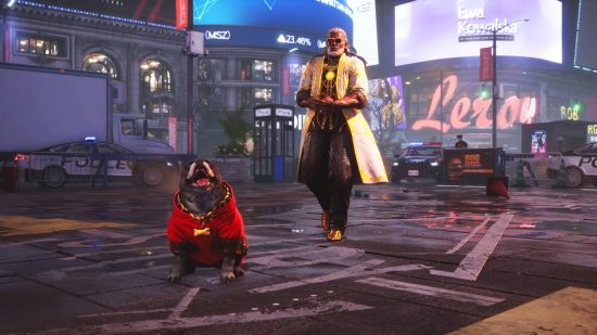 Tekken 8 tier list: Leroy is walking through the streets of Time Square with his American Bulldog ahead of him.