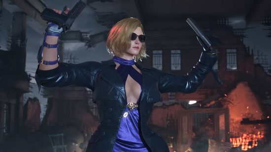 Tekken 8 tier list: Nina is wearing a purple evening dress, sunglasses, and a leather jacket. She is holding two pistols as the building behind her burns.