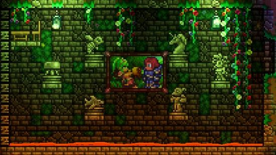 Terraria 1.4.5 update - a painting of Cenx and Redigit, the creators of Terraria, in a room filled with statues and lava.