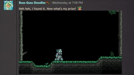 Terraria 1.4.5 Moon Lord armor - forum user Russ Guss Doodles says: "Heh heh, I found it. Now what's my prize?"