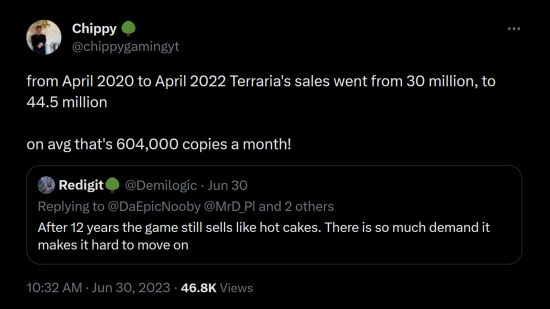 Terraria sales - chippygamingyt posts: "From April 2020 to April 2022, Terraria’s sales went from 30 million to 44.5 million. On average that’s 604,000 copies a month!" In the quoted tweet, redigit says: "After twelve years the game still sells like hot cakes. There is so much demand it makes it hard to move on."