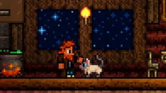 Terraria sales - an orange-bearded man pets a cat in a room with a cooking pot and chair.