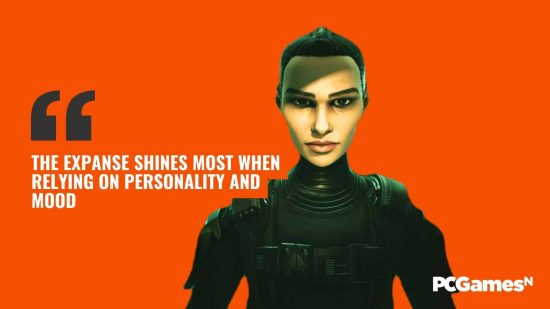 A woman in a spacesuit stares at the camera against an orange background with a quote next to her