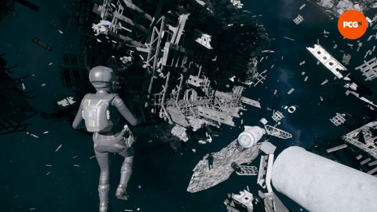 A woman in a gray spacesuit levitates through the air and looks down at the remains of a broken spaceship