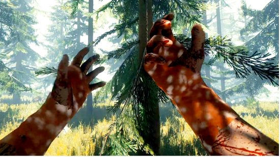 The Forest cheats: The player holds their hands up in front of their face, the background is full of green fir trees.