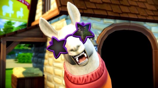 The Sims 4 - a llama wearing a colorful scarf and purple, star-shaped sunglasses.