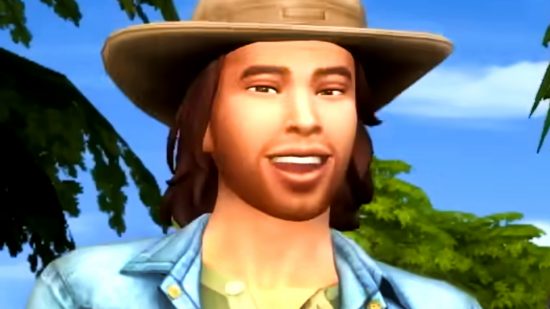 The Sims 4 update July 18, 2023 - a man in a denim shirt and wide-brimmed hat gives a gleeful open-mouthed smile.