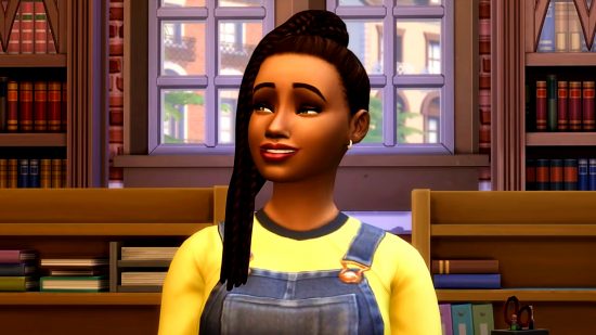 The Sims 4 - a woman with a long, high ponytail wearing a yellow shirt and denim overalls.