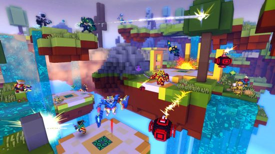 Various blocky creatures of all shapes and sizes battle with swords and guns on a floating island in Trove, one of the best free games like Minecraft. 