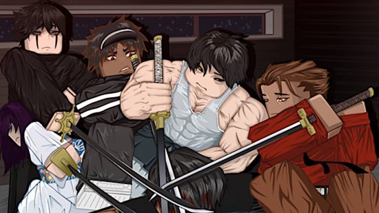 Five anime-like men with swords fighting for Type Souls codes.