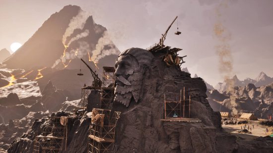 A mountain with a face etched into its side in Avowed, one of the upcoming games of the future.