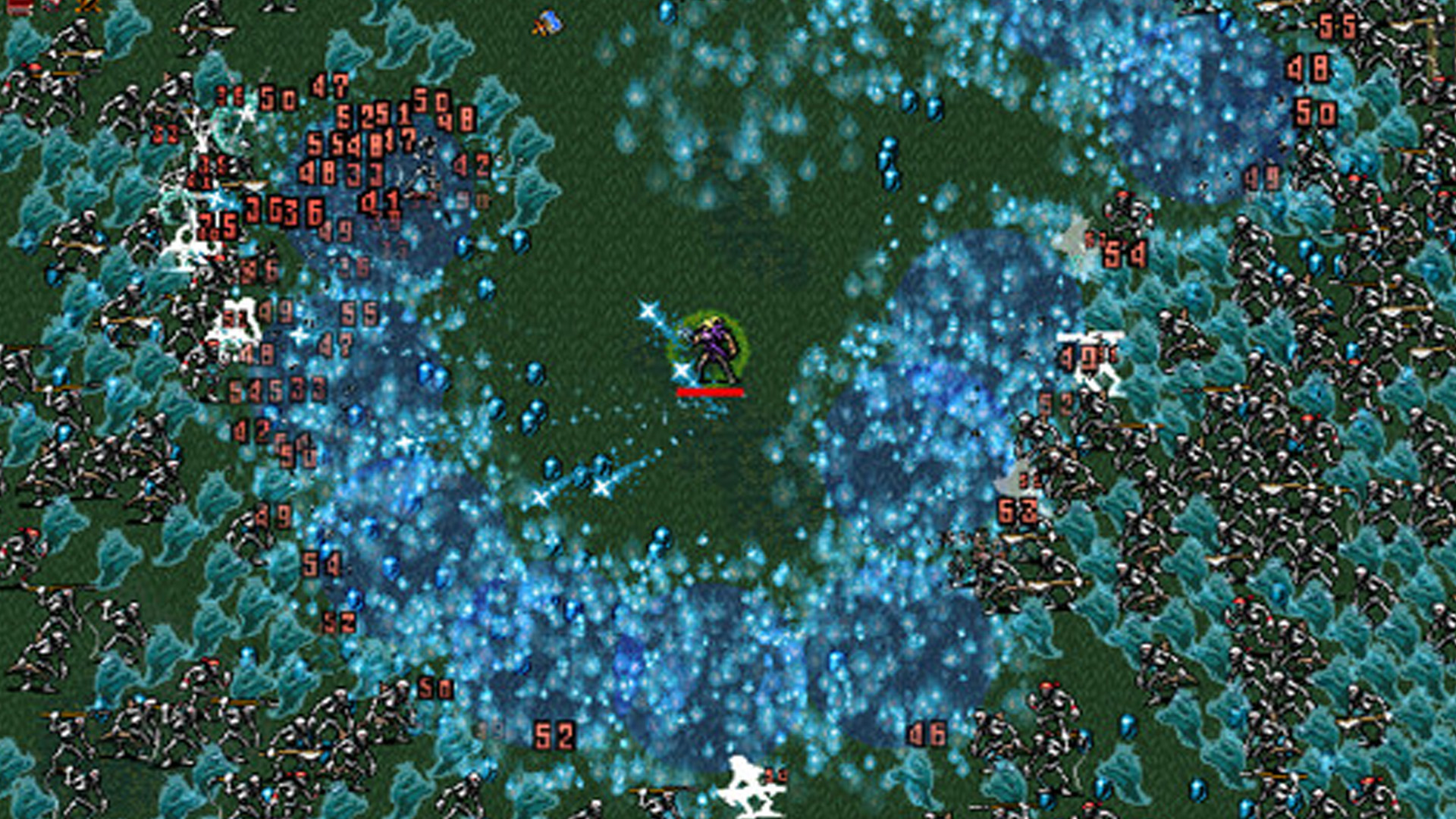 An image of a mass of enemies swarming the player character in Vampire Survivors.