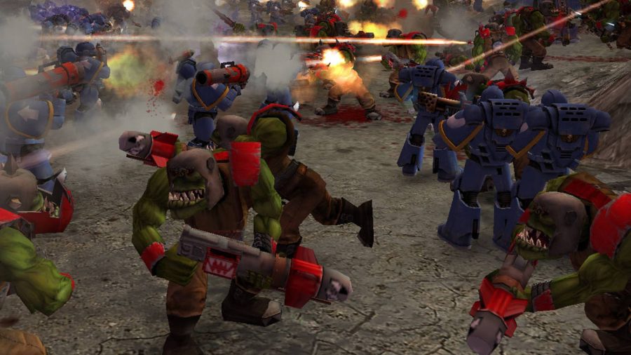 Warhammer 40k Dawn of War: Low-poly orcs fighting Space Marines on a stony battlefield