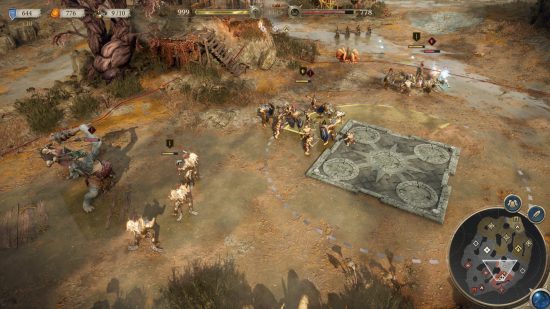 Screenshot from a multiplayer game, three separate fights are taking place with a range of units.