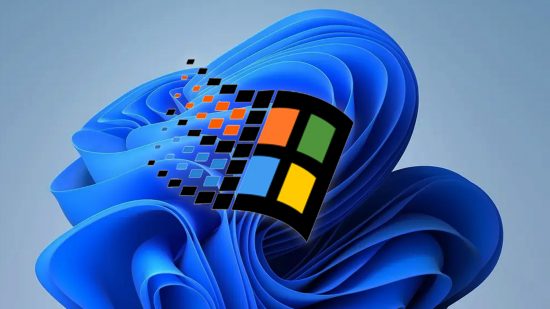An image of the Windows 98 logo on top of the Windows 11 'Bloom' wallpaper.