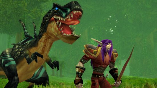World of Warcraft Classic - an elf runs away from a large dinosaur.