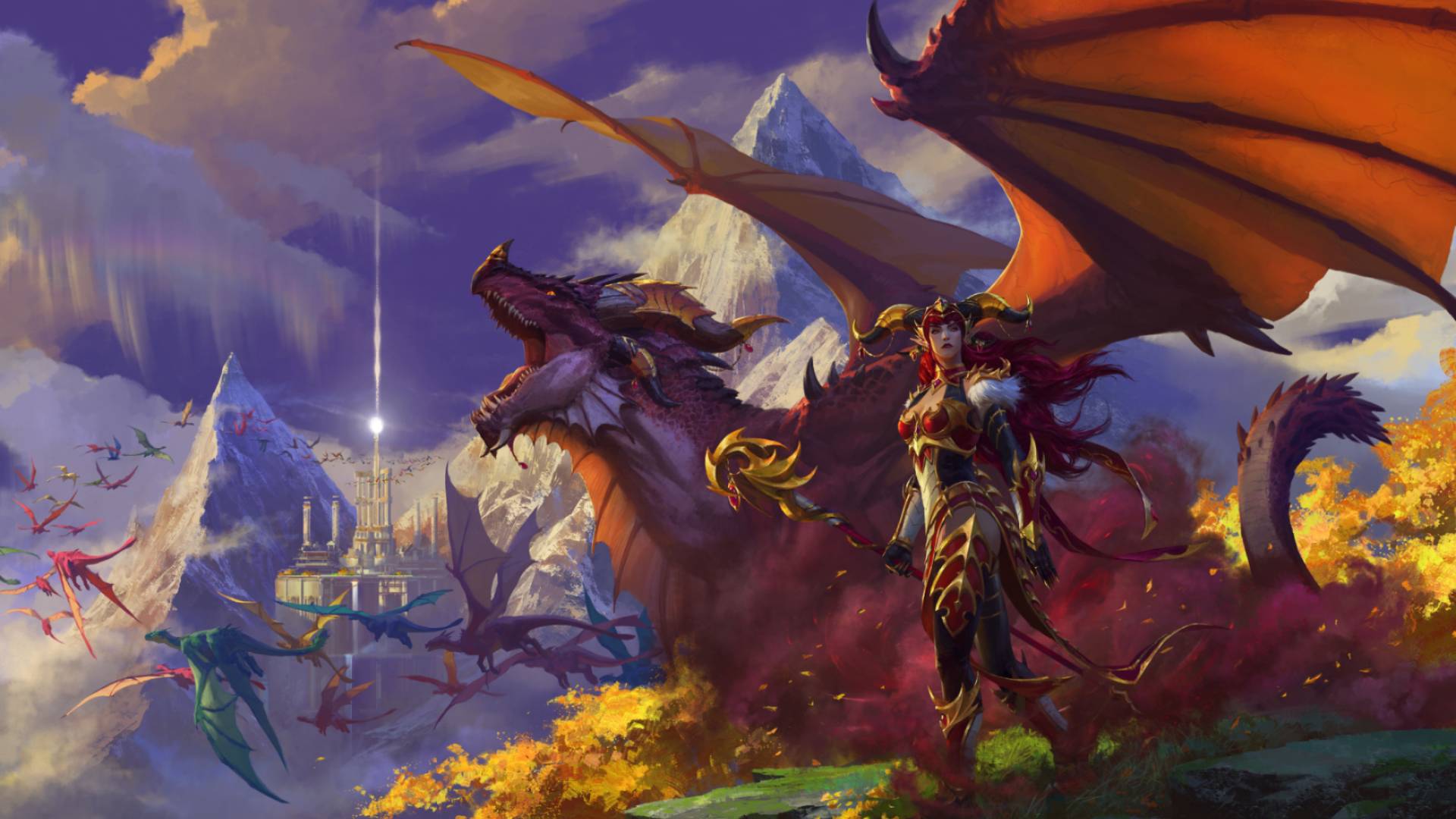 World of Warcraft: WoW character Alextrasza, a woman with huge red dragon horns wearing leather red and gold armor, stands in front of a huge, roaring red dragon in an idyllic green landscape