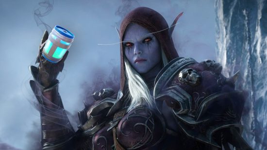 You can play Fortnite in WoW Dragonflight 10.1.7, sort of: An undead elf woman with glowing red eyes and long silver hear wearing a hood holds up her left hand with a Fortnite Chug drink photoshopped into it