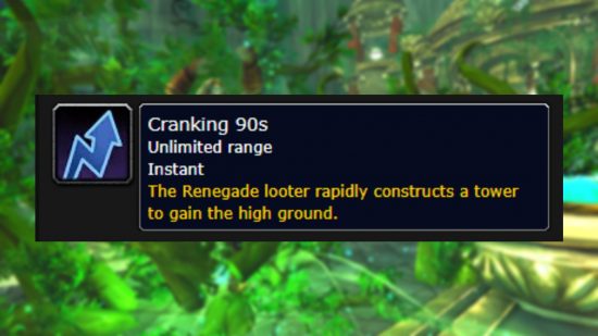 An image showing a WoW ability called Cranking 90s that allowed a boss to build walls to get to high ground on a green floral background