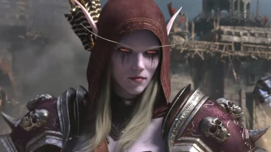 Sylvanas Windrunner may be returning to WoW, and it could be soon: An elf woman with purple skin and glowing red eyes with long white eyebrows and hair wearing heavy purple armor with a bow on her back smirks nastily on a battlefield