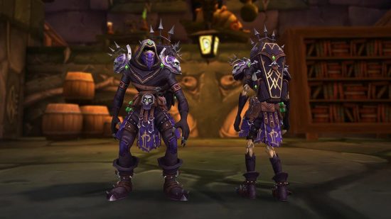 Two thin, undead warriors wearing purple leather armor with huge spikes and a coffin-shaped backpack in an underground area