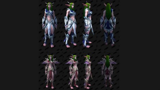 World of Warcraft female night elf legacy armor sets dated by Wowhead from patch 10.1.7 PTR.