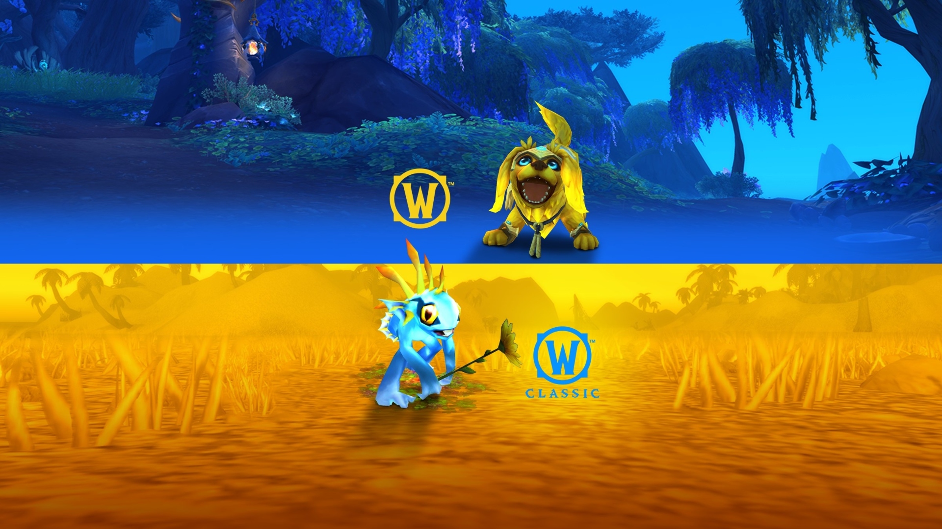 WoW pets: Two little creatures, a golden retriever and a murloc, from Blizzard RPG game World of Warcraft