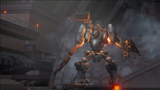 Armored Core 6 legs: an orange and black biped mech