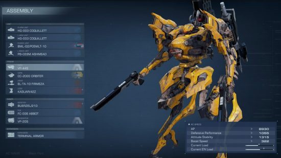 Armored Core 6 legs: a yellow reverse joint bipedal mech