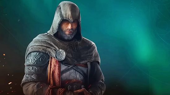 Assassin's Creed Mirage protagonist stands with his hood up and his hands clasped together in front of him