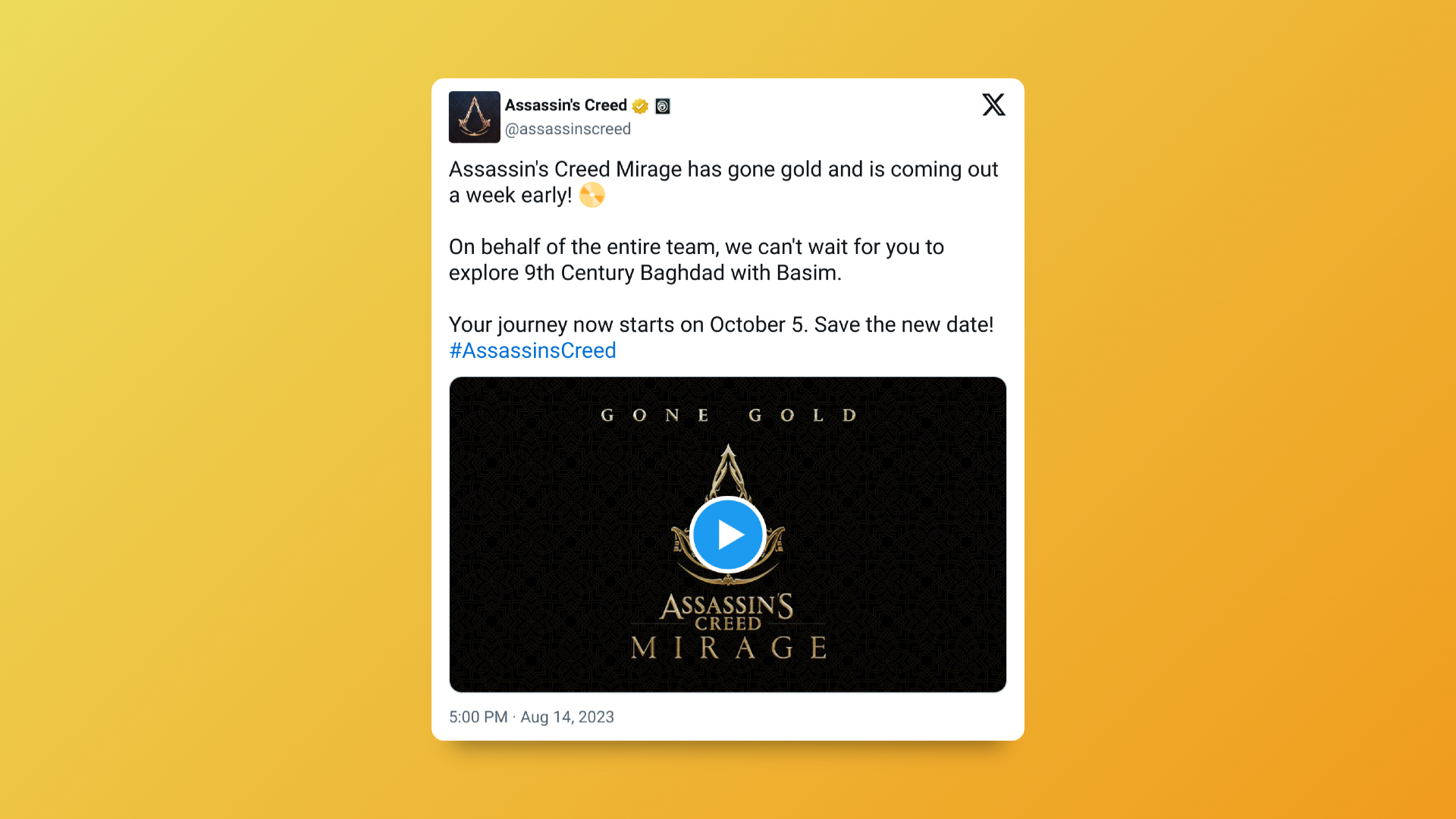 Assassin's Creed Mirage official announcment on social media regarding its new release date