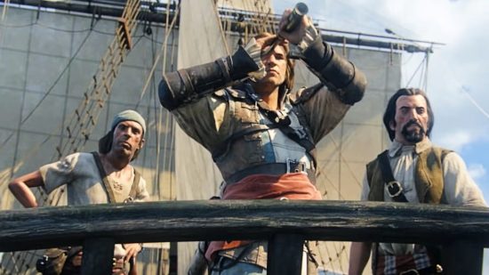 Assassin's Creed protagonist Edward Kenway stands at the edge of a ship, looking through a telescope