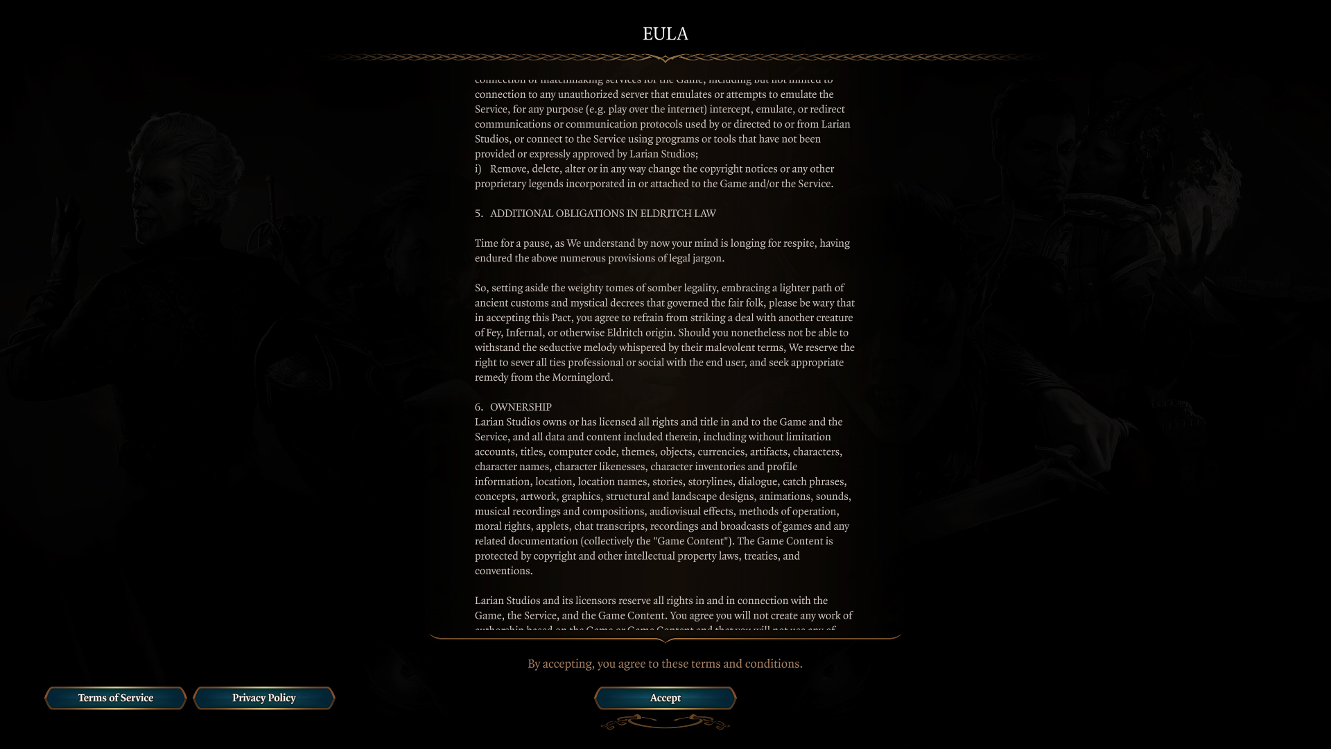 A screenshot of the EULA agreement from Larian Studios for Baldur's Gate 3