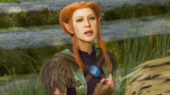 Baldur's Gate 3 elf character with long red hair and druid armor looks upward, her hand in front of her