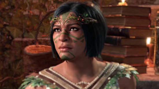 Baldur's Gate 3 Dragon Age: a Druid woman with facial tattoos and a holly branch circlet around her head