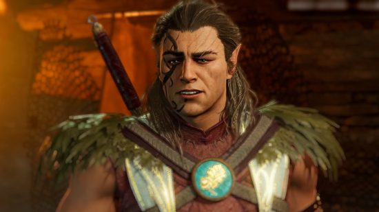 Baldur's Gate 3 character Halsin stands with a muscular build, scars on his face, and long brown hair tied back behind him