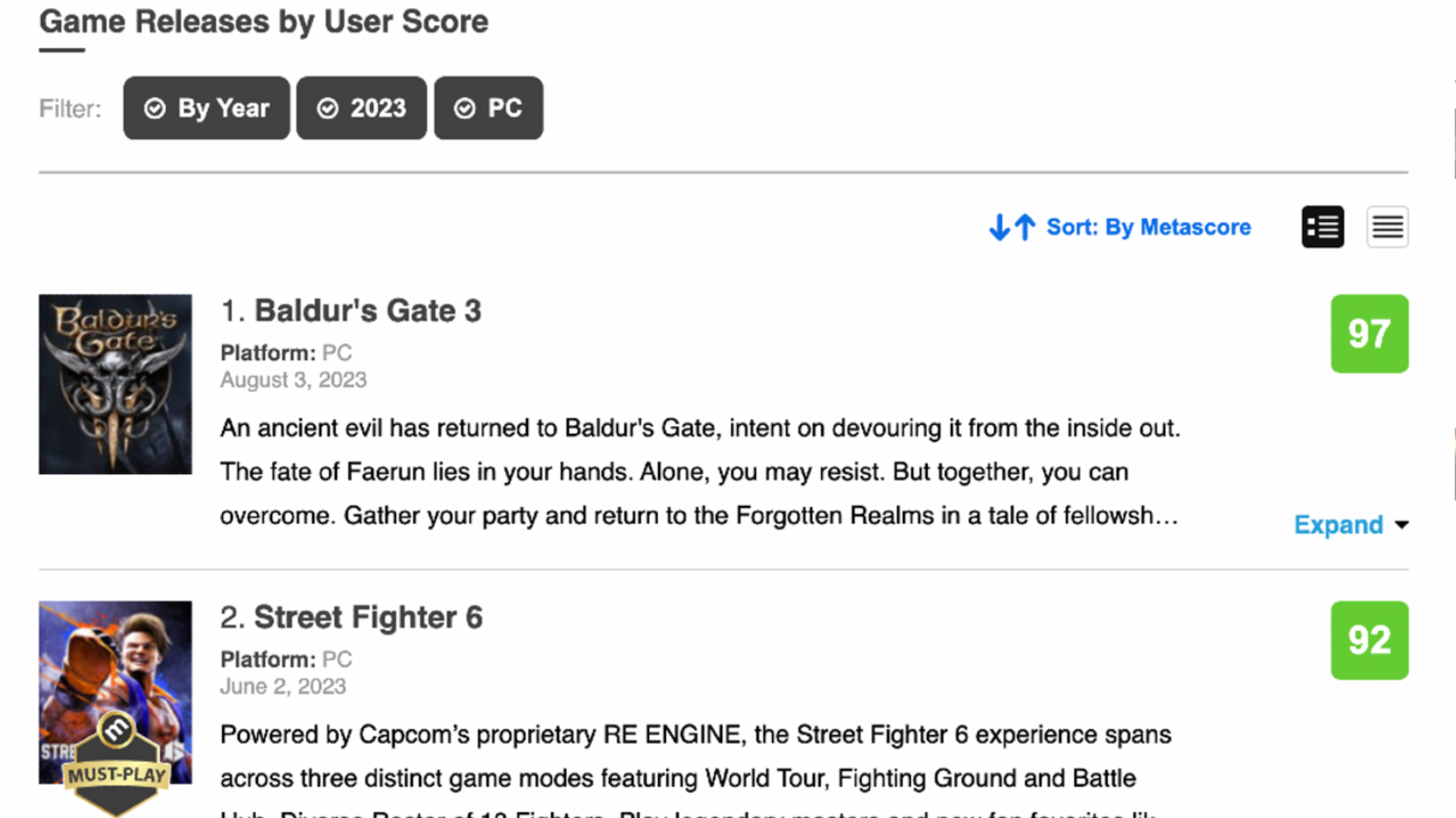 A screenshot of Baldur's Gate 3 being the top rated game on Metacritic by score