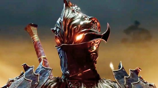 Baldur's Gate 3 roadmap: the Oathbreaker Knight from Baldur's Gate 3 stands in a full set of intricately designed armor, his eyes glowing a deep orange