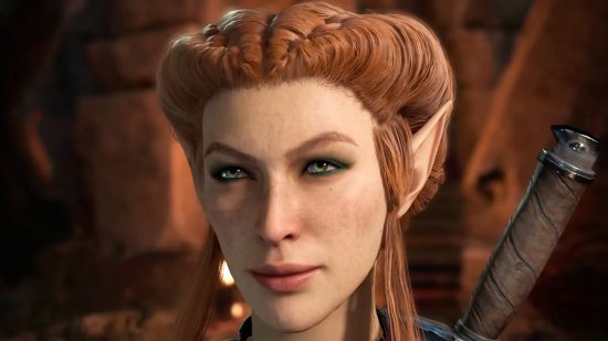 Baldur's Gate 3 sex speedrun: an elf with long pointed ears and ginger hair grins