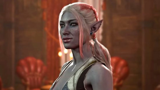 Baldur's Gate 3 sex speedruns: a Drow elf stands with her white and pink hair tied back behind her