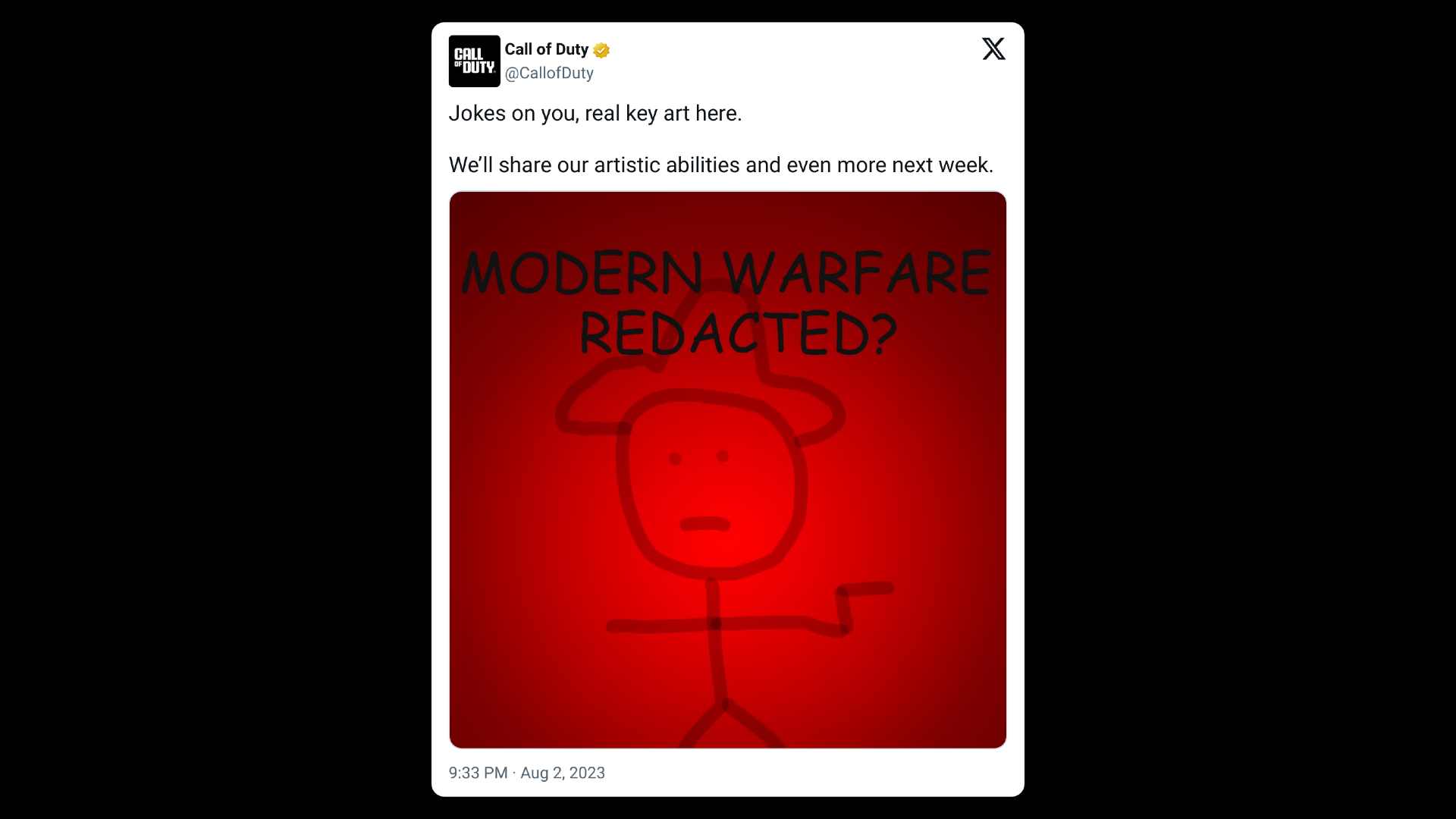 Tweet from Call of Duty's official account poking fun at the leaked Modern Warfare 3 art