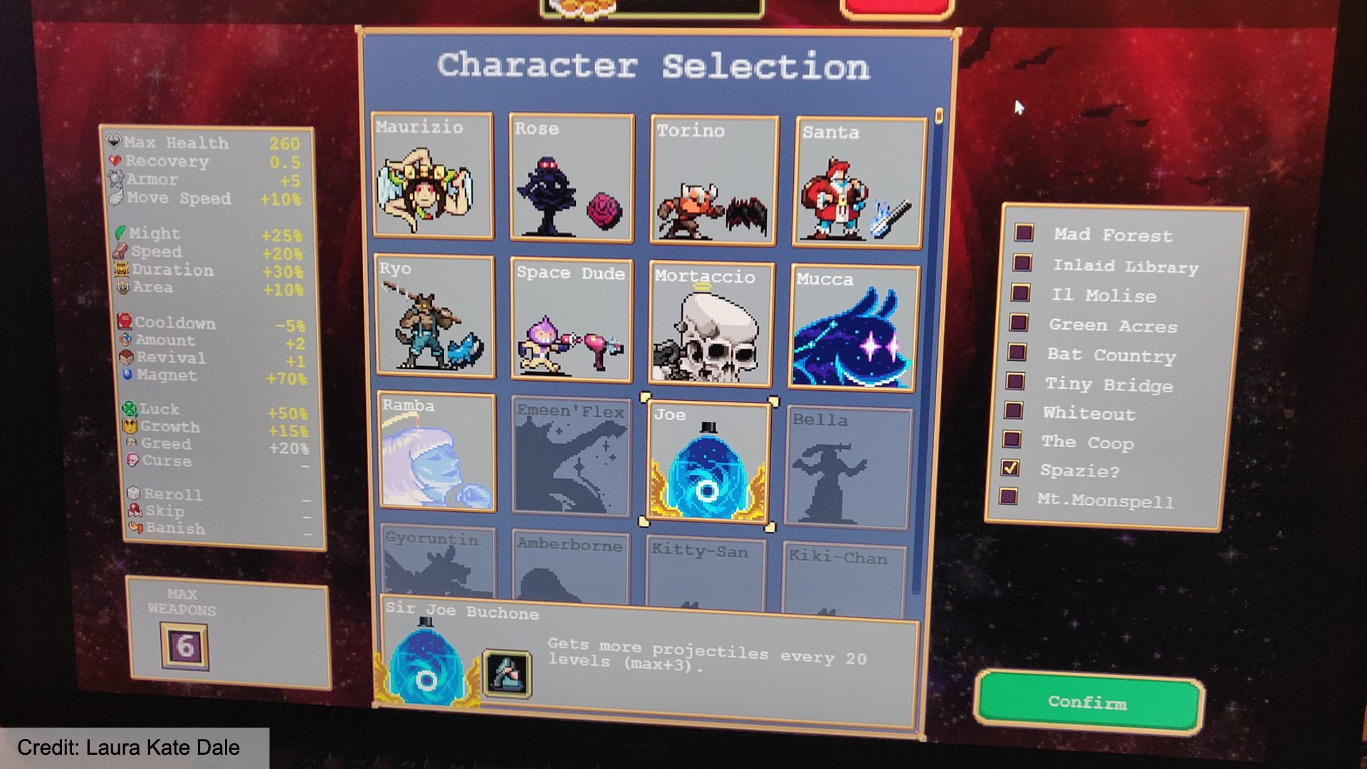 Una imagen de la supuesta pantalla de selección de personajes en la versión del director de Vampire Survivors