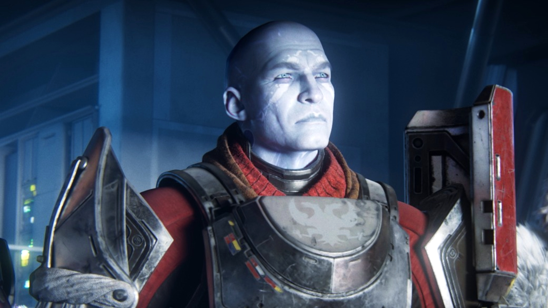 Destiny 2の男、ザバラ司令官は、銀と赤の鎧を誇らしげに立っています