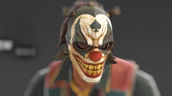 Counter-Strike 2 update: a man wearing a creepy, smiling clown mask against a grey and white bakcdrop