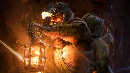 Dark and Darker update: a man with a bedroll and gear on his back walks through a dark area with his lantern in hand