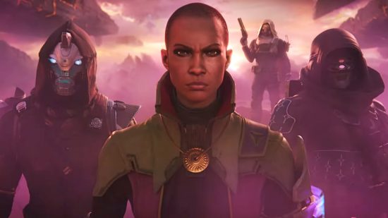 Destiny 2 dynamic environment: a woman with no hair wearing a black and green jacket held together with a golden medal stares ahead, a stern look on her face