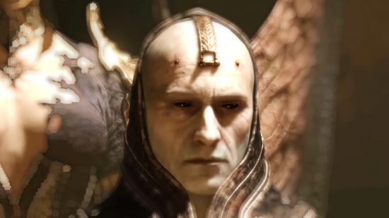 A bald man from Diablo 4 stands with a grim look on his face