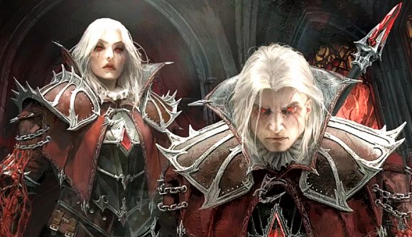 A white haired man and woman from Diablo Immortal, both wearing red and silver armor, stand beside one another